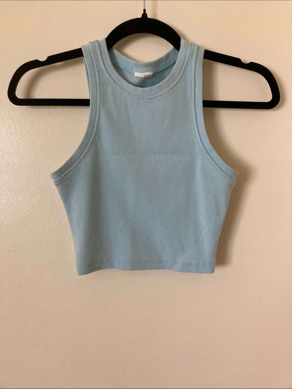 Ribbed High-Neck Crop Tank Top - Light Blue